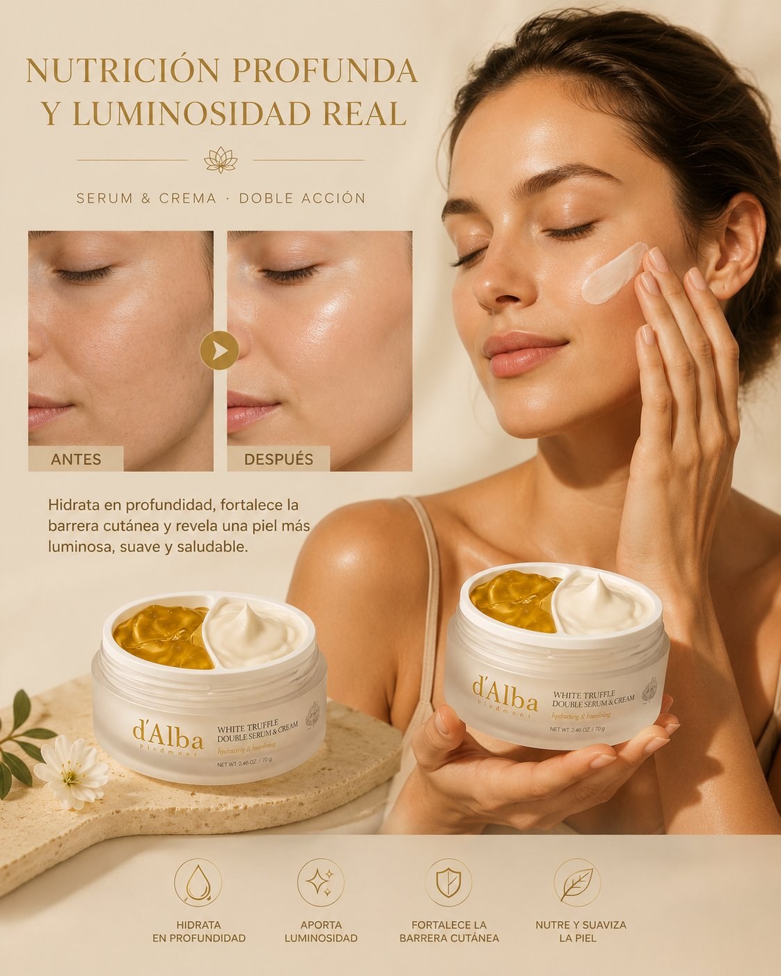 Antes y después con la Crema-Sérum Trufa Blanca · piel más luminosa y saludable